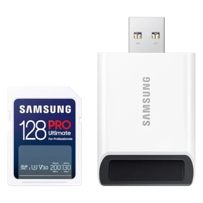 Obrázek Samsung SD karta pro Ultimate, 128 GB, UHS I U3, Full HD a 4K UHD, čtení 200 MB/s, 130 MB/s zápis, paměťová fotoaparát, PC, dron nebo akční kamera, vč. USB čtečky karet, MB SY128SB/WW