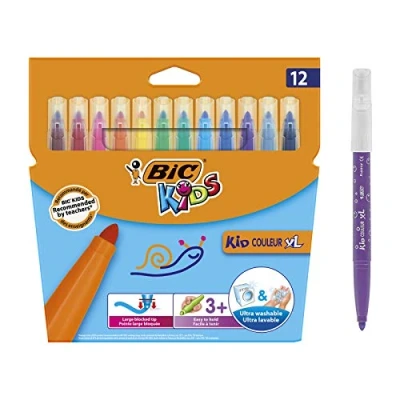 Obrázek BIC Kids fixy Kid Couleur XL, na malování ve 12 omyvatelných barvách, se silnou špičkou, v kartonovém pouzdře, od 5 let