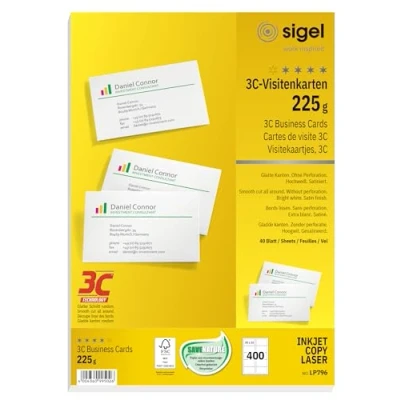 Obrázek SIGEL LP796 vizitky k potisku 3C, 400 kusů (40 listů), vysoce bílé, hladký řez po celém obvodu, 225 g, 85x55 mm