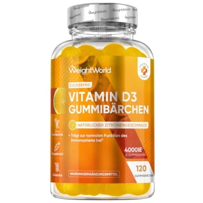 Obrázek Pryžové vitamín D3 4000 IE sluneční 120 kusů s citrónovou příchutí 1 gumoví medvídci vitamínu D každé 4 dny bez cukru a želatiny doplněk stravy vitaminu