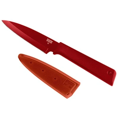 Obrázek KUHN RIKON 26601 COLORI+ ostružnický nůž rovná čepel s ochranou čepele, nepřilnavý povrch, ušlechtilá ocel, 19 cm, červená