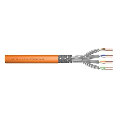 Obrázek DIGITUS 100 m Cat 7 síťový kabel S FTP (PiMF) Simplex BauPVO Dca LSZH bez halogenů 1200 MHz měď AWG 23/1 PoE+ kompatibilní LAN instalační Ethernet oranžový