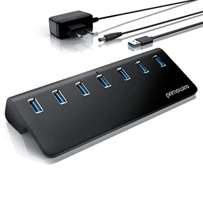 Obrázek CSL 7 Port USB 3. 0 Hub aktivní 10 Gbit/s portů rozdělovač s aktivním síťovým zdrojem kabel, napájecí kabel hliníkové pouzdro PC Notebook Laptop Windows 11, kompatibilní