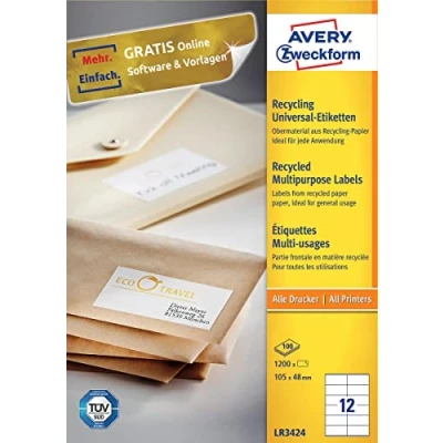Obrázek AVERY Zweckform LR3424 recyklované etikety (1 200 nálepek na adresu, 105 x 48 mm A4, 100% recyklovaný starý papír, tištěné štítky samolepicí etikety) 100 listů, přírodní bílá