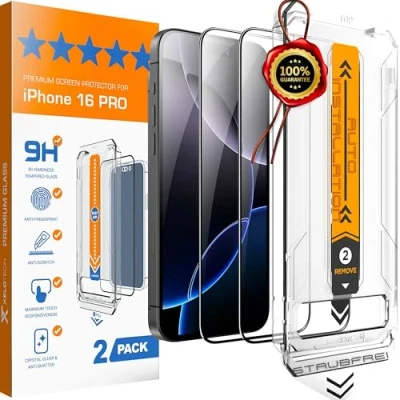 Obrázek XeloTech Prémiové ochranné sklo Pro iPhone 16 z pancéřového skla automatické nastavení s novou protiprachovou šablonou, 2 extra tvrdší než 9H