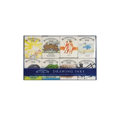 Obrázek Winsor &amp; Newton Kaligrafická sada 1090094 Henry, 8 kreslicí tuš v lahvičkách 14 ml, třpytivé barvy s vynikající průhledností pro štětce, kaligrafické pero nebo airbrush