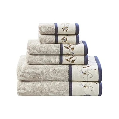 Obrázek Madison Park Serene Badetuch Set, 100% Baumwolle, luxuriöses Blumenmuster, Bestickt, Baumwoll Jacquard Design, weich und sehr saugfähig, für die Dusche, Verschiedene Größen, Marineblau, 6 teilig