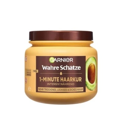 Obrázek Garnier Wahre Schätze Vyživující 1minutová vlasová kúra pro velmi suché a svěží vlasy, s avokádovým olejem bambuckým máslem hebké vlasy efektem proti krepatění, veganská receptura, 1 x 340 ml