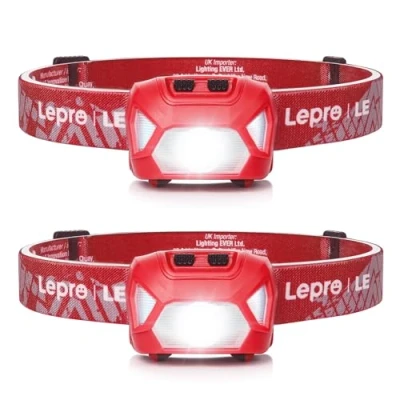 Obrázek Lepro Čelovka, 1300 Lux LED XPG čelovka se 6 světelnými režimy světlometů a červeným světlem, IPX4 kryt odolný proti stříkající vodě, provoz na baterie, ideální pro kempování jogging, červená, 2 kusy