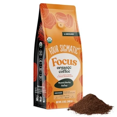 Obrázek Organická houba Ground Coffee by Four Sigmatic Dark Roast, Fair Trade Gourmet with Lion&#039;s Mane, Chaga &amp; Mushroom Powder Immune Boosting for Focus Support 12oz Bag