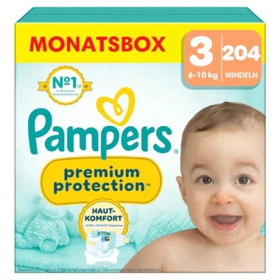 Obrázek Pampers Dětské plenky velikost 3, prémiová ochrana, x204, 6 kg 10 kg, dvojitá ochrana pro pohodlí pokožky a proti vytékání