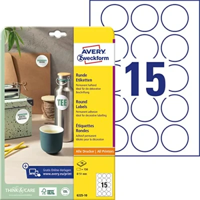 Obrázek AVERY Zweckform 6225 10 kulatých etiket (150 lepicích bodů, Ø 51 mm na A4, kulaté nálepky k potisku, samolepicí etikety výrobky, permanentně přilnavé marmelády) listů, bílá