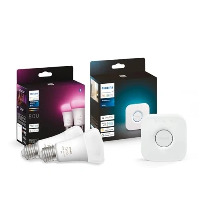 Obrázek Philips Hue White and Col. Amb. LED žárovky E27 s řídicí centrálou Bridge, balení po 2 kusech, 800 lm, 16 milionů barev a bílých odstínů, ovládání přes aplikaci, spínače, jazyk