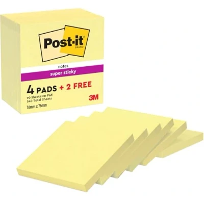 Obrázek Post it Super Sticky Notes kanárská žlutá, balení se 6 bloky, 90 listů na blok, 76 mm x mm, barva: Žlutá extra silně lepicí poznámkový blok pro poznámky, seznamy úkolů a vzpomínky