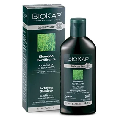 Obrázek BIOKAP BELLEZZA BIO posilující šampon 200 ml pro lámavé a poškozené vlasy extrakt z kurkumy přeslička s rostlinnými tenzidy kokosového ořechu veganský