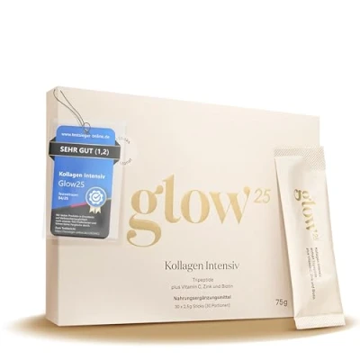 Obrázek Glow25® Intenzivní kolagen [30 tyčinek] s tripeptidy, vitamínem C, zinkem a biotinem prémiový hydrolyzát kolagenu peptidy typu 1 3 dobrá rozpustnost