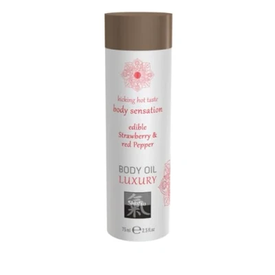 Obrázek HOT SHIATSU Body Oil Luxury Strawberry &amp; red Pepper. Pomůckný masážní olej s stimulací, aphrodisující chuť. Více zábava a erotika u partnerské masáže 75 ml