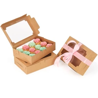 Obrázek BELLE VOUS Hnědý papírový box na cupcake s průhledným okénkem (20 kusů) 20,3 x 13,5 5 cm jednorázový přepravní sušenky, cupcaky, dezerty &amp; dorty muffiny
