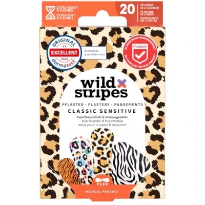 Obrázek Wild Stripes Sada náplastí I náplast na prsty Classic Sensitive Animal šetrné k pokožce a prodyšné Hypoalergenní náplasti rány odolné 24h ochrana 20 kusů