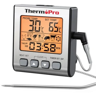 Obrázek ThermoPro Digitální teploměr na maso, grilovací teploměr, pečení do trouby s časovačem a podsvícením, rozsah teplot 300 C, kuchyňský pro BBQ gril udírny