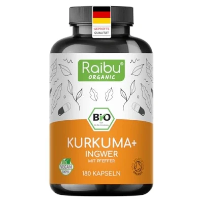 Obrázek Raibu bio kurkuma se zázvorovými kapslemi s černým pepřem 180 vysoce koncentrovaných kapslí Curcuma komplex kvalita, bez přísad a veganské německé produkce