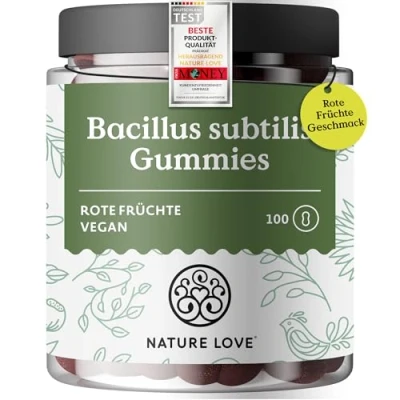 Obrázek NATURE LOVE® Gumové gumy Bacillus Subtilis 100 kusů mikrob roku 2023 z přírodních koncentrátů ovocných šťáv 96,5% podíl ovoce 3 miliardy KbE v denní dávce veganské, laboratorně testováno