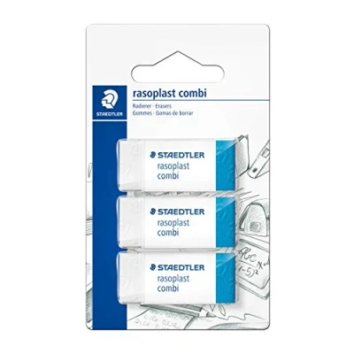 Obrázek STAEDTLER 526 BT3BK3D guma rasoplast combi bez ftalátů a latexu, 3 kusy na blistru, bílá/modrá
