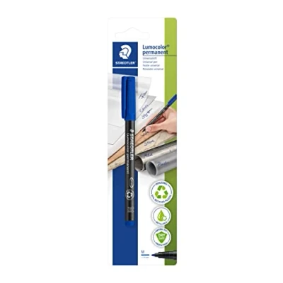 Obrázek STAEDTLER permanentní popisovač Lumocolor, modrý, šířka čáry cca 1,0 mm, odolný proti rozmazání a vodě, Made in Germany, doplňovací, dlouhá životnost, 1 modrý univerzální tužka na blistrové kartě, 317 3 BKDA