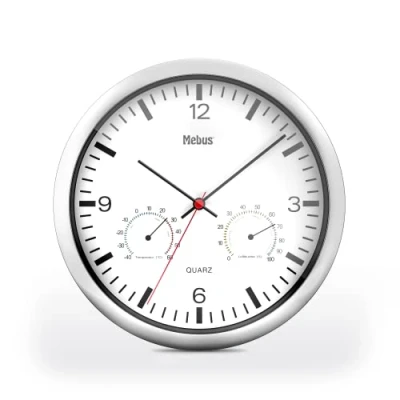 Obrázek Mebus Nástěnné hodiny Quartz s teploměrem a vlhkoměrem/stříbrným rámem/bílý ciferník / průměr 25 cm kulatý model: 56730 barva: stříbrná, bílá