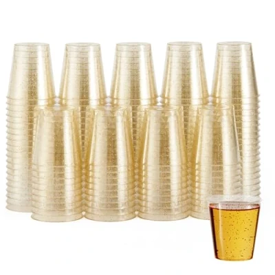 Obrázek MATANA 60 skleniček na pálenku z plastu se zlatými třpytkami, 3 cl pinner plast, skleničky smažení zlaté, kelímky focení, pálenku, plastové party příslušenství stabilní