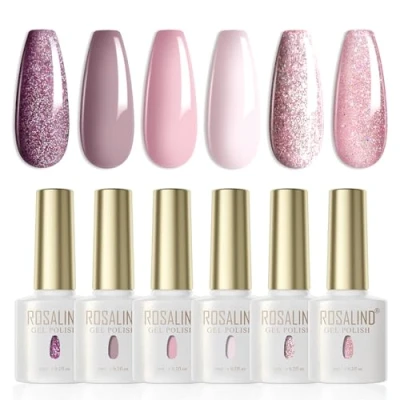 Obrázek ROSALIND UV lak na nehty pastelový, 6 barev fialový nude světle růžový třpytivý Shellac Soak Off LED Nail Gel Polish gelový letní sada pro začátečníky Art Salon