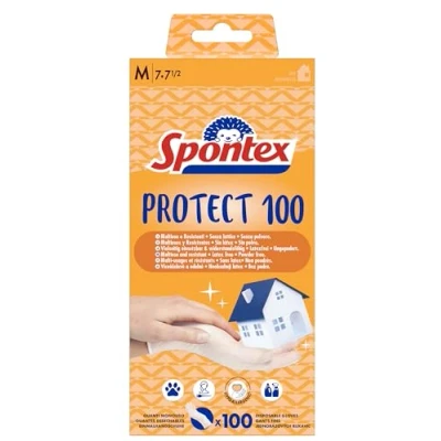 Obrázek Spontex Jednorázové rukavice Protect z vinylu, bez pudru a latexu, mnohostranně použitelné, v praktickém zásobníku, velikost M, balení 100 ks