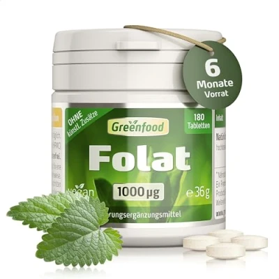 Obrázek Greenfood Folát, 1000 μg, extra vysoká dávka, 180 tablet, veganský pro tvorbu krve, syntézu aminokyselin a v těhotenství. Bez umělých přísad. genetického inženýrství. Vegan.