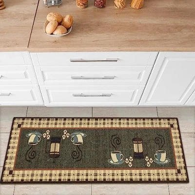 Obrázek Ottomanson Siesta kolekce kuchyňský běhoun s gumovou zadní stranou a designem šálků na kávu, 50 cm x 150 cm, olivově zelená káva
