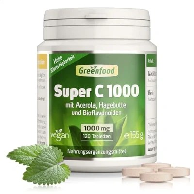 Obrázek Vysoká dávka vitaminu C vitamin přírodní se 1000 mg denně (120 veganských kapslí) po dobu 4 měsíců s acerolou, šípkou a bioflavonoidy bez přísad laboratorně testováno Greenfood Super