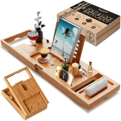 Obrázek SereneLife Badewannenablage Holz Bathtub Tray Wasserdichte Badewannentisch als Badewannen Zubehör Wellness, Tisch ausziehbar 70 105 cm, Badewannenauflage mit Getränkehalter &amp; Buchstütze