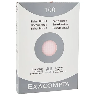 Obrázek Exacompta balení 13238E (s 100 kartotékovými kartami, neděrovanými DIN A5, 148 x 210 mm, 205 g, kostkované, ideální do školy) 1 růžové