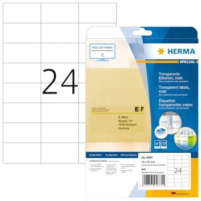 Obrázek HERMA 4685 Fóliové etikety odolné vůči povětrnostním vlivům, transparentní, 25 listů, 70 x 37 mm, 24 archů A4, 600 kusů, samolepicí, lze potisknout, matné, prázdné lepicí z fólie, průhledné