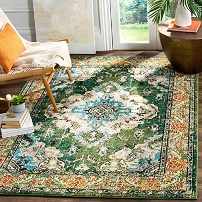 Obrázek SAFAVIEH Boho Teppich für Wohnzimmer, Esszimmer, Schlafzimmer Monaco Collection, Kurzer Flor, Waldgrün und Hellblau, 91 X 152 cm
