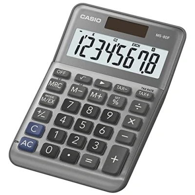 Obrázek Casio Stolní kalkulačka MS 80F, 8místná, výpočet řízení, druhá odmocnina, hliníková přední strana, změna znaku, solární provoz / na baterie