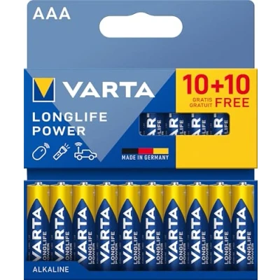Obrázek VARTA Baterie AAA, 20 kusů, Longlife Power, alkalické, 1,5 V, ideální pro hračky, rádiová myš, kapesní svítilny, balení bez plastů, Made in Germany