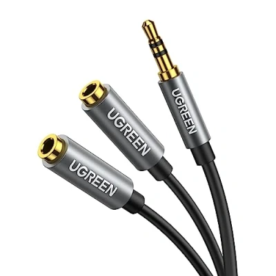 Obrázek UGREEN Audio Splitter 3,5 mm Aux prodlužovací kabel pro dvě sluchátka, jack kompatibilní se sluchátky, mobilními telefony, PC, tablet, headset, autorádio, reproduktor atd. 20 cm šedý