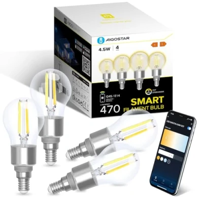 Obrázek Aigostar Alexa žárovka E14, Smart LED Vintage lampa, chytrá G45 transparentní Globe, 4,5 W 470 lm, teplá bílá stmívatelná 2700 K 6500 K, kompatibilní s a Google Home, 4 kusy