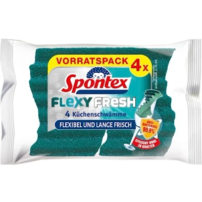 Obrázek Spontex Flexy Fresh x4, účinná čisticí houba s antibakteriální ochranou, flexibilní, dlouho svěží, bez poškrábání, 1 x 4 kusy