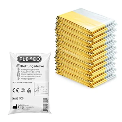Obrázek FLEXEO 10x záchranná deka zlatá stříbrná 210 cm x 160 fólie Nouzové Přikrývka první pomoci Nouzová Emergency Blanket