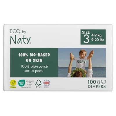 Obrázek Eco by Naty Dětské ekologické plenky prémiové bio z materiálů na bázi rostlin, ideální pro citlivou dětskou pokožku (velikost 3 100 kusů)