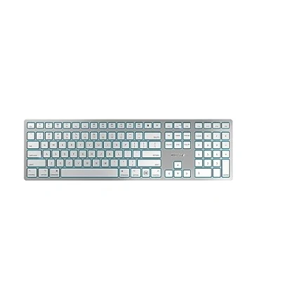 Obrázek CHERRY KW 9100 Slim FOR Mac, bezdrátová klávesnice rozložení USA (QWERTY), Bluetooth nebo 2,4 GHz rádio, plochá tlačítka, nabíjecí, bílo stříbrná