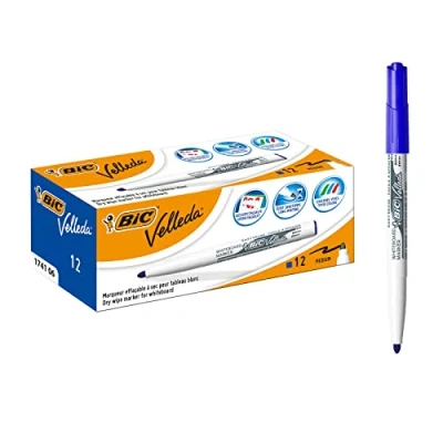Obrázek BIC Popisovače na bílé tabule Velleda, balení 12 ks, v modré, s kulatým hrotem, tloušťka čáry: 1,4 mm, bez zápachu, kompaktní velikosti