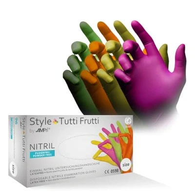 Obrázek AMPri Nitrilové rukavice, barevné, mix barev, 96 ks/box, velikost M, bez pudru, Style tutti frutti by Med Comfort: Nitril jednorázové rukavice na jedno použití ve velikostech XS, S, L, XL