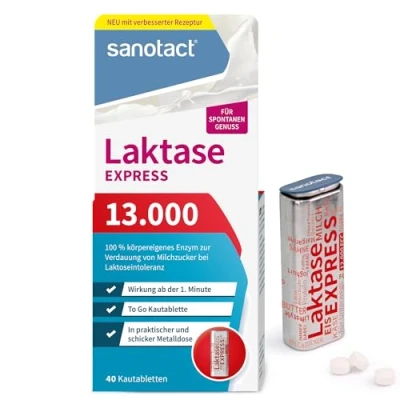 Obrázek sanotact Laktáza 13 000 EXPRESS (40 tablet s laktázou) Laktózové tablety okamžitým účinkem Při intoleranci laktózy a nesnášenlivosti mléka Pro spontánní požitek z mléčných výrobků
